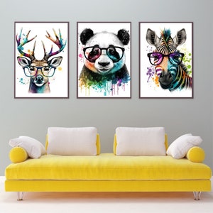Conjunto de 9 acuarela ARTE IMPRIMIBLE Carteles de animales Pintura colorida Panda Deer descarga instantánea con gafas Regalo impresión digital animal