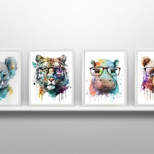 Set of 9 Watercolour PRINTABLE ART Animal Posters Colourful Painting Cat Dog  with glasses Gift instant download digital Print animal poster