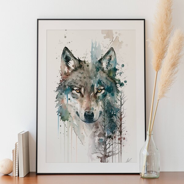 Soulful Female Wolf in the Forest: A Serene Digital Watercolor Print - 5 High quality 300 dpi png files