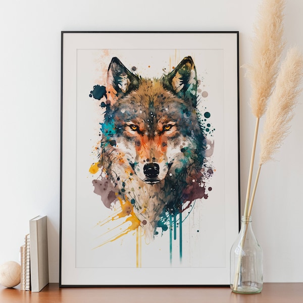 Soul Gaze: Colorful Watercolor Print of a Wolf's Intense Stare - High Quality 300 dpi png file - size 24x34 inches