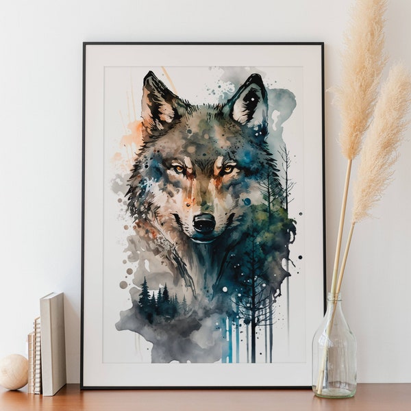 Majestic Wolf in the Forest: A Spiritual Watercolor Downloadable Print High Quality 300 dpi PNG - size 24x34 inches