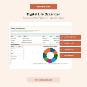 May include: An editable XLSX digital life organizer spreadsheet template featuring a Digital Life Summary dashboard, a register breakdown table, and a colorful donut chart. Includes buttons for Accounts & Email, Devices & Files, Subscriptions, and Digital Legacy.