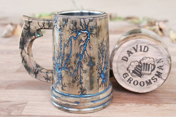 Wooden Beer Mug Fractal Burning 500 ML|Tankard for Men Beer Stein Groomsman Gifts For Wedding Beer Lover Gift| Vikings Mugs Personalized