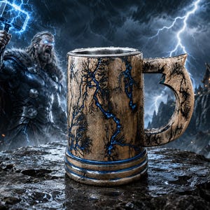 May include: A cylindrical mug with a weathered, light brown finish featuring dark, branching lightning-like patterns filled with a vibrant blue color. The mug has a sturdy handle and three horizontal blue rings around the base.