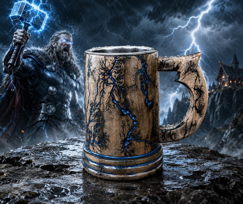 May include: A cylindrical mug with a weathered, light brown finish featuring dark, branching lightning-like patterns filled with a vibrant blue color. The mug has a sturdy handle and three horizontal blue rings around the base.