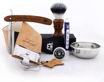 6 Piece Wooden Shaving Kit for Men, Straight Cut Throat Razor - Synthetic Badger Hair Brush - Shaving Bowl & Leather Strop Gift Set