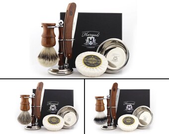 Handmade Wooden Shaving Kit for Men, Cut Throat Razor - Shaving Brush - Dual Shaving Stand - Stainless Steel Bowl & Soap Perfect Gift Set