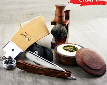 Wooden Straight Cut Throat Razor Shaving Kit for Men, Shaving Brush, Shaving Stand, Shaving Bowl, Soap, Leather Strop & Strop Paste Gift Set