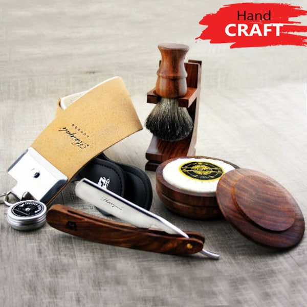 Wooden Straight Cut Throat Razor Shaving Kit for Men, Shaving Brush, Shaving Stand, Shaving Bowl, Soap, Leather Strop & Strop Paste Gift Set