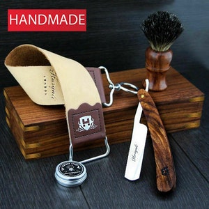 Nature Wooden Shaving Kit with Straight Cut Throat Razor - Shaving Brush - Shaving Wooden Box - Leather Strop & Strop Paste Gift Set