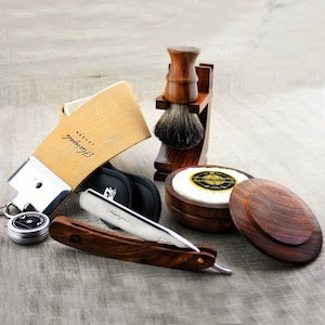 7 Piece Wooden Shaving Kit for Men, Straight Razor, Shaving Brush, Shaving Stand, Wooden Shaving Bowl, Soap, Leather Strop & Paste Gift Set