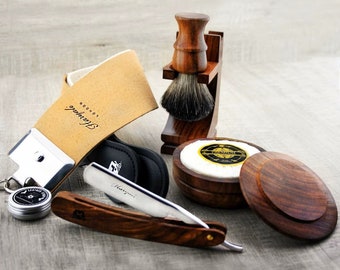 Kit de rasage en bois 7 pièces pour homme, rasoir droit, blaireau, support de rasage, bol de rasage en bois, savon, lanières de cuir et coffret cadeau