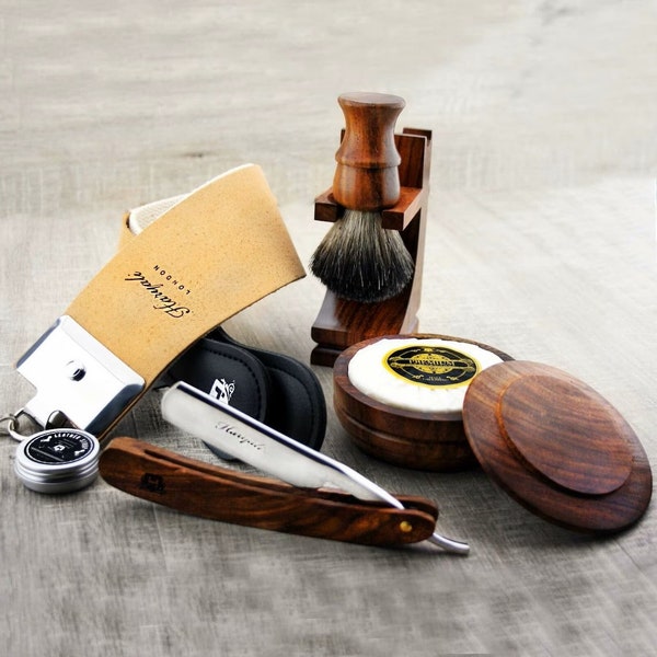 Kit de rasage en bois 7 pièces pour homme, rasoir droit, blaireau, support de rasage, bol de rasage en bois, savon, lanières de cuir et coffret cadeau