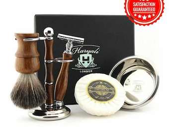 Handmade Wooden Shaving Kit for Men, DE Safety Razor - Shaving Brush - Dual Shaving Stand - Stainless Steel Shaving Bowl & Soap