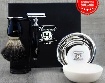 Perfect Classic Shaving Kit for Men Gift Set, DE Safety Razor - Shaving Brush - Black Dual Shaving Stand - Stainless Steel Bowl & Soap