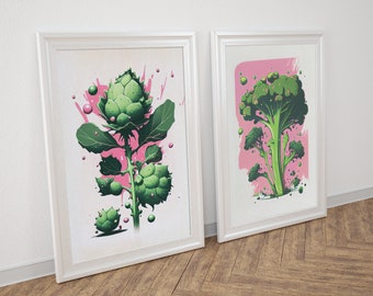 2 Printable Illustrations of Vegetables - Broccoli Brussle Sprouts Sketch Colourful Food Gift Kitchen Wall poster Vegan Gift