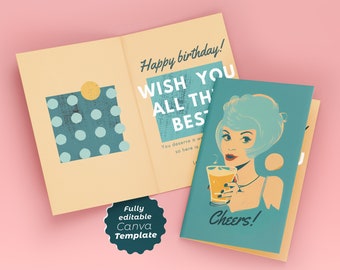 Retro Style Two Fold Bday Card Canva Template - Fully editable, Printable Happy Birthday Card, Digital Download