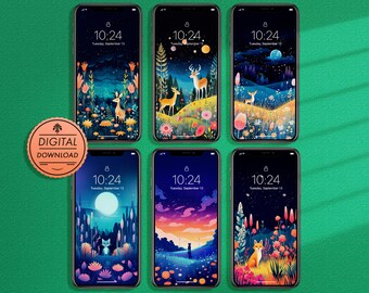 Night Adventures - 6 Mobile Phone Backgrounds, Whimsical Field Illustration Wallpaper set, Home Screens, Magical Scenery, Digital Download