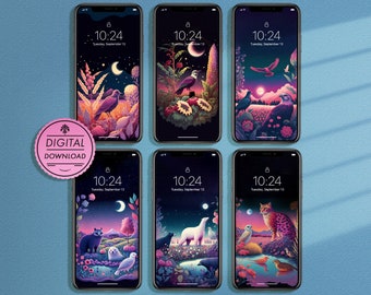 6 Mobile Phone Backgrounds - Dreamy Landscape Illustration Colorful Wallpaper set, Magical Background Digital Download