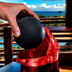 May include: A black smart speaker is positioned above a glossy red decorative stand. The stand has a detailed, mechanical design. The background shows a scenic view of the ocean and sky through a wooden framed window.