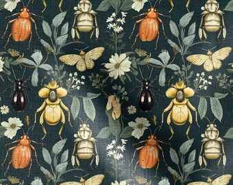 Majestueuze kevers stof | Eeuwige entomologie | Insecten en bloemen stof | Bedrukte bloemenlinnen stof op maat gesneden met CosmicFabric