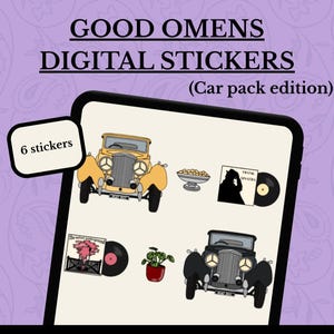 Pode incluir: Autocolantes digitais com ilustrações de carros clássicos, discos de vinil e uma planta em vaso. O texto "GOOD OMENS DIGITAL STICKERS (Car pack edition)" é exibido acima das imagens. Uma caixa branca indica "6 autocolantes".
