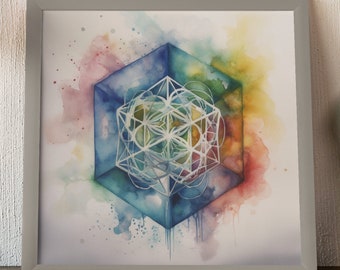 Sacred geometry metatrons cube metatron cube wall meditation sacred geometry art healing spiritual merkaba pagan energy watercolor painting