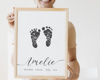 Enkelt hand-/fotavtryck | Babypresent | Födelseposter med födelsedetaljer | Handmålad | Gör-det-själv