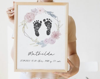 Handavtryck och fotavtryck med blomsterkrans | Personlig present till bebis, födelseposter med födelsedetaljer för en flicka | Digital fil