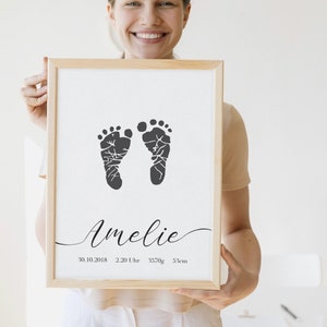 Huella de huella simple I regalo para bebé, cartel de nacimiento con fechas de nacimiento que pinté a mano I DIY