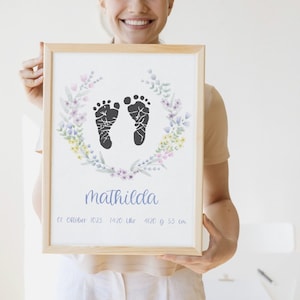 Cartaz de nascimento personalizado com pegada, guirlanda de flores, presente para bebê com datas de nascimento, menina, cartaz de nascimento, faça você mesmo