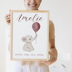 Geburtsposter Elefant I personalisiertes Geburtsposter I Geschenk zur Geburt I Aquarell