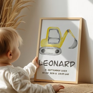 Personalisiertes Geburtsposter BAGGER I Geschenk für Baby Geburtsposter mit Geburtsdaten I Fußabdruck Baby I DIY Erinnerung Geburt I A4