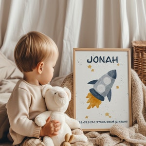 Personalisiertes Geburtsposter Rakete I Geburtstafel I Geschenk zur Geburt I Aquarell l Wandbild KinderzimmerA4 I Download oder Print