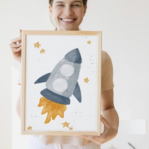 Handgemaltes Bild einer Rakete fürs Kinderzimmer I Geschenk zur Geburt, Taufe und Geburtstag I Aquarell I Wandbild A4