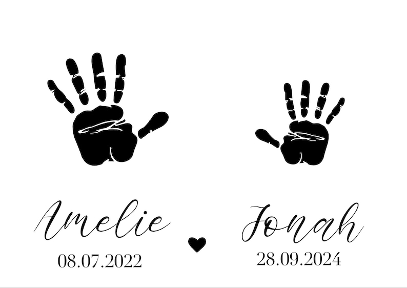 May include: Black handprints with the names Amelie and Jonah and their birthdates 08.07.2022 and 28.09.2024.