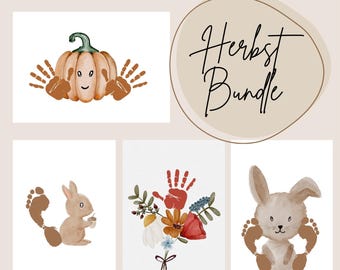 May include: A set of four printable handprint and footprint art templates for kids and babies. The templates feature a pumpkin, a bunny, a squirrel, and a bouquet of flowers. The text "Handabdruck- und Fußabdruckvorlagen Herbst Bundle für Kinder und Babys" is at the top of the image.