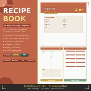 May include: A digital recipe book planner with a rust-colored theme, featuring 10 pages and 8 recipe categories. The layout includes a recipe index, prep and cook time fields, ingredient checklists, and rating sections compatible with GoodNotes.
