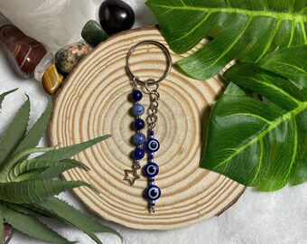 nazar evil eye and sodalite crystal keychain⋆⁺₊⋆evil eye keychain | silver keychain | crystal keychain | crystal lover gifts | evil eye
