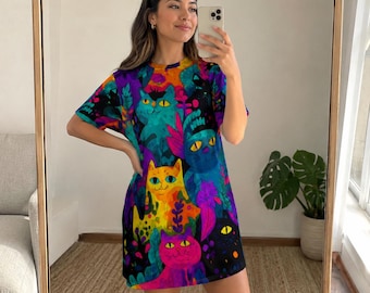 Jewel-Tone Jungle Cat Oversized T-Shirt Dress: Drop-Shoulder Streetwear
