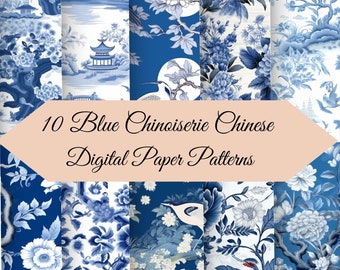 Blue Chinoiserie Toile de Jouy Digital Paper – Seamless Antique Patterns (Digital Download)