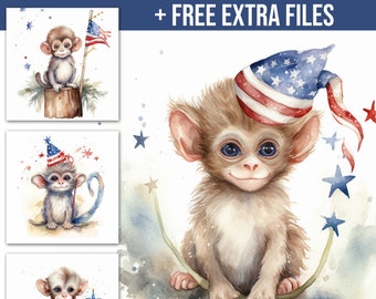 Monkey Clipart, Commercial Use, Nursery Decor, Patriotic Clipart, Independence Day Clipart, Patriotic Graphics, Fourth Of July Clipart