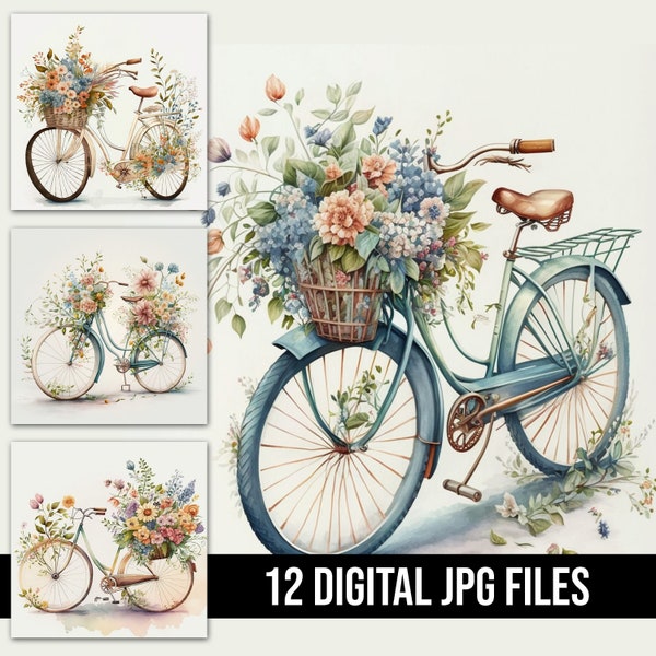 Watercolor Vintage Floral bicycle illustration, Digital Bundle, Digital Crafting, Paper Crafting, Commercial Use, Clip Art JPG Files