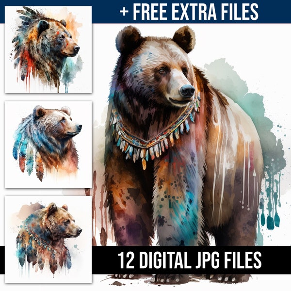 Watercolor Native American Bear Illustration Bundle Collection - HQ Native American Bear Drawing for Commercial and Personal Projects