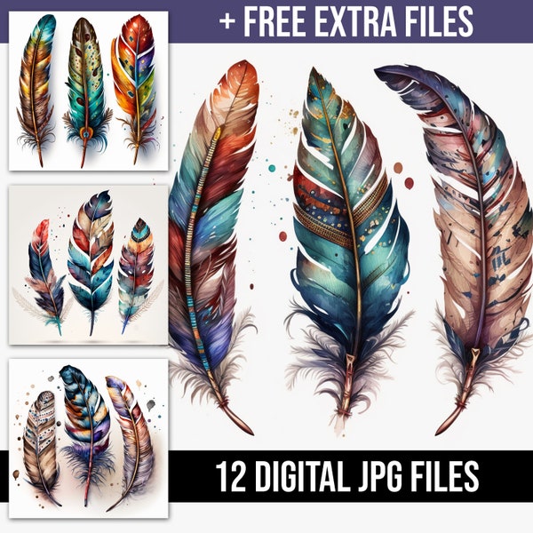 Watercolor Boho Feathers Illustration Bundle Collection - High Quality Boho Feathers Digital Art for Commercial and Personal Projects