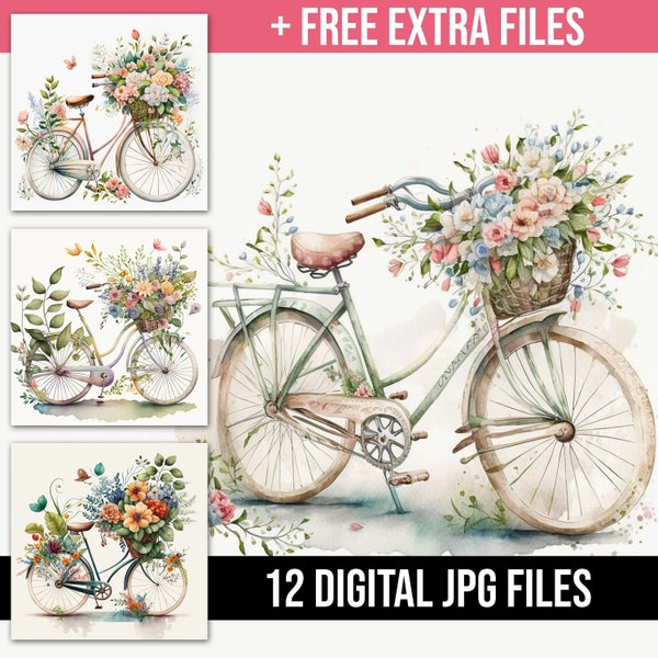 Watercolor Vintage Floral bicycle illustration, Digital Bundle, Digital Crafting, Paper Crafting, Commercial Use, Clip Art JPG Files