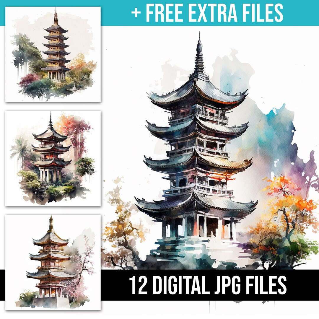 12 Watercolor Illustrations of a Pagoda Digital Art Bundle, High Resolution Printable Images ...