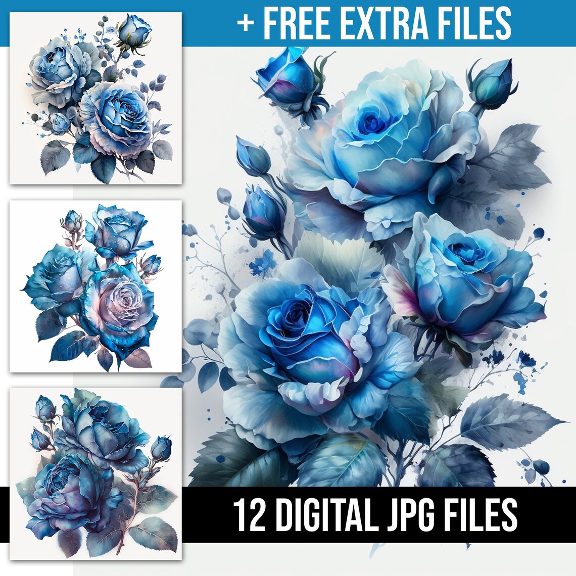 Watercolor Blue Roses Illustration Collection High Quality Blue Roses ...