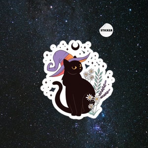 Retro Black Cat Moon Kiss Cut Sticker, Witchy Sticker, Black Cat Gift, Laptop Decal, Cat Sticker, Moon Gift, Horror Movie Sticker