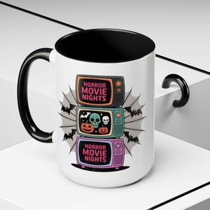 Horror Movie Nights Mug, Halloween TV Stack Cup, Retro Scary Movie Coffee Mug, Spooky Movie Night Gift, Goth Skull Mug